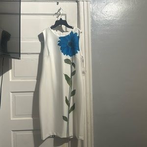 White Calvin Klein dress with blue floral print